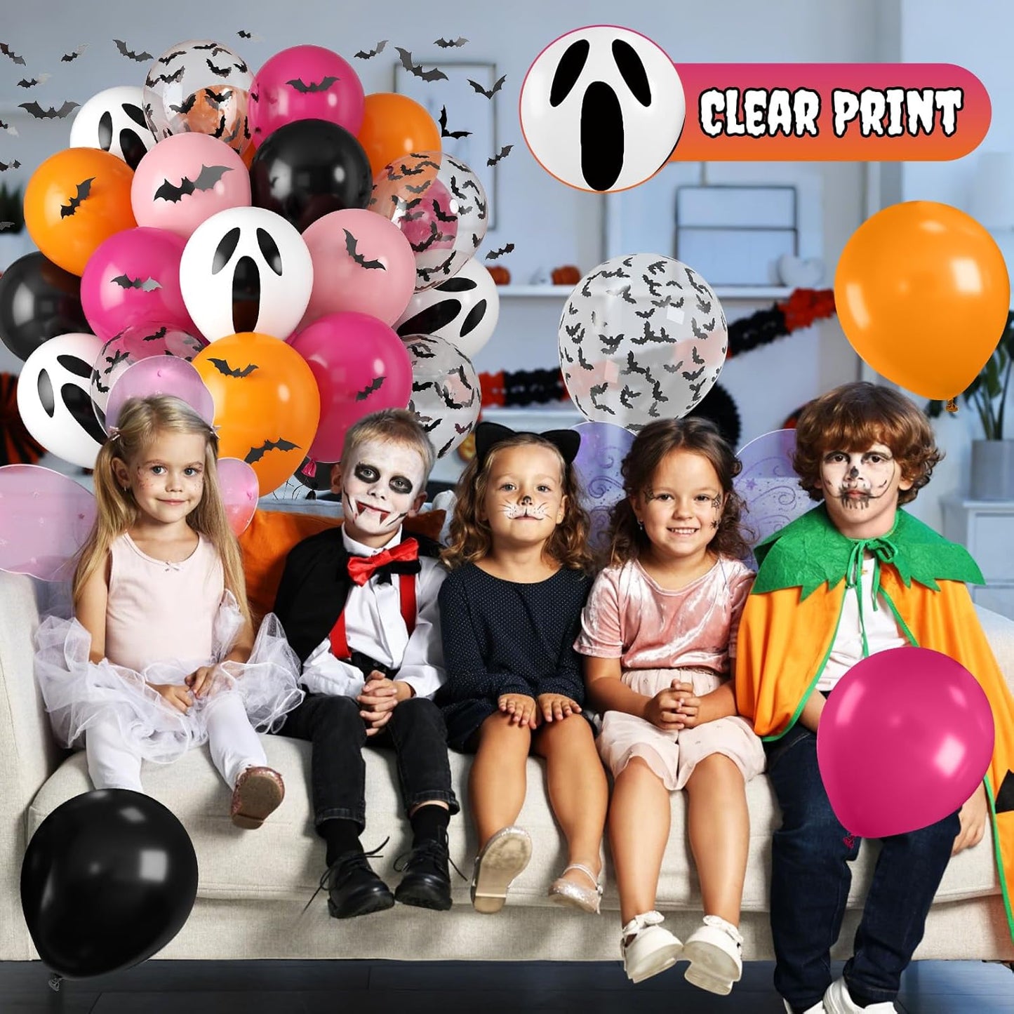 Orange Pink Halloween Balloons, 12 Inch Ghost Balloons, Black Orange and Hot Pink Latex Balloon with Bat Sticker, Bat Print Balloon for Kids Girls Birthday Ghost Theme Halloween Party Decorations