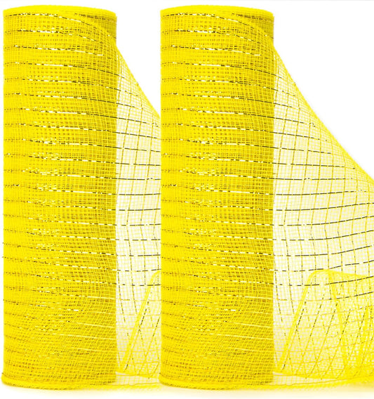 Ribbli 2 Rolls Yellow Mesh Ribbon,10 inch x 30 feet(10Yard) Each Roll,Metallic Yellow with Gold Foil,Use for Wreath Swags and Decorating
