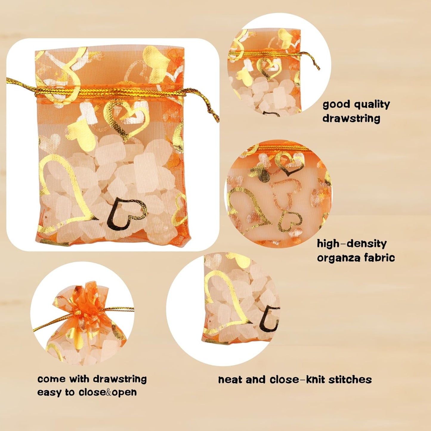 QIANHAILIZZ 100 Pack 2.8 x 3.5 Inch Flower Heart Organza Jewelry Gift Pouch Candy Pouch Drawstring Wedding Favor Bags B511S (orange gold heart)