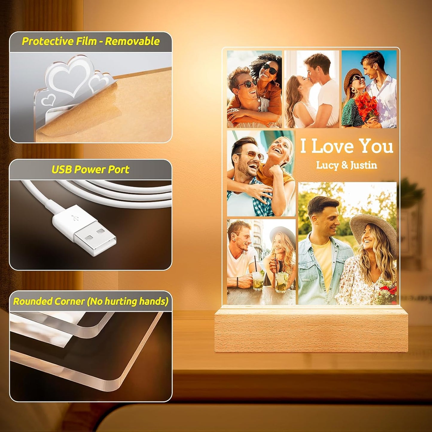 Custom Couple Picture Frames with Photos, Customized Acrylic Plaque Photo Frame with Night Light, Personalized Anniversary Birthday Gifts for Women Men Him Her Boyfriend Girlfriend