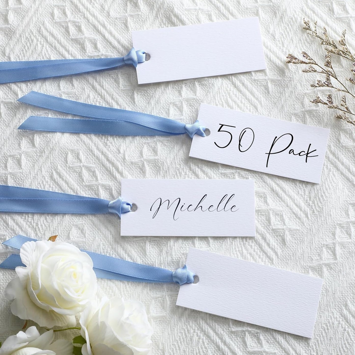 50 Pcs Name Place Cards for Table Setting Blank Wedding Place Cards with Satin Ribbon 1.57 x 3.54 Inch Hanging Gift Tags for Wedding Dinner Banquet Party Table Setting Supplies(Blue)