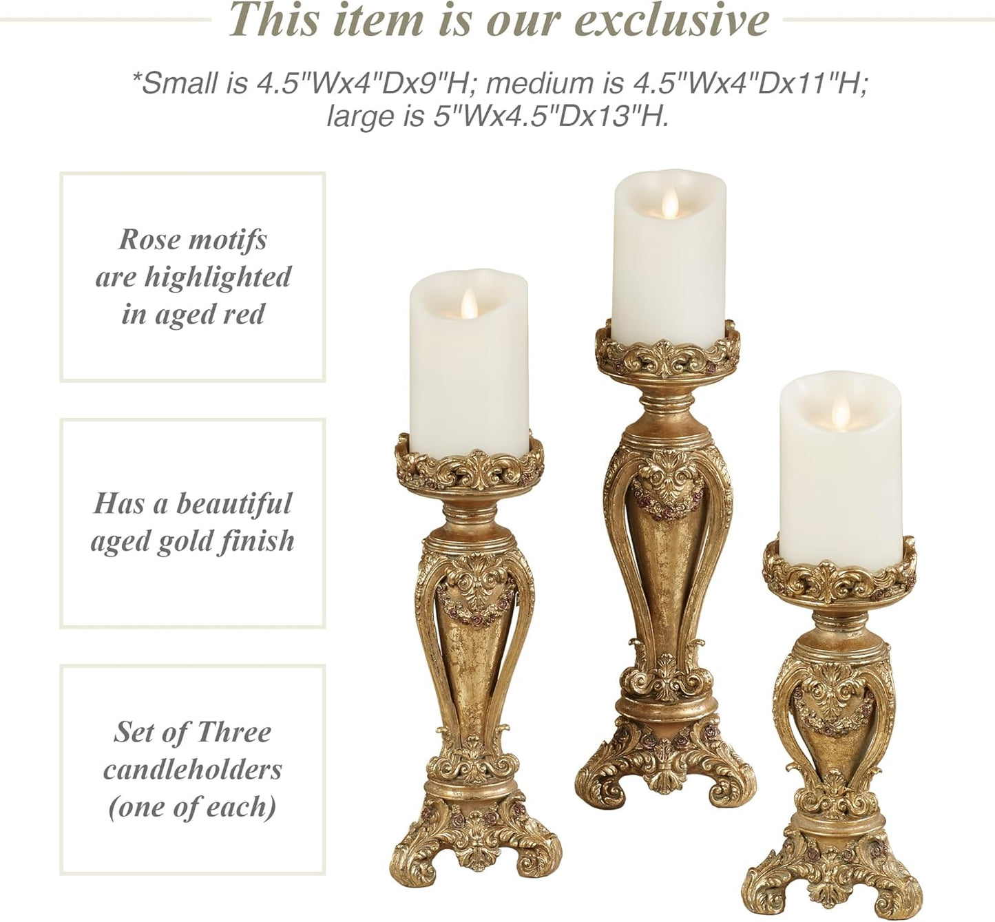Touch of Class Angelique Ornate Candleholders Aged Gold Set of 3 - Victorian Style Table Candleholder for Dining Room, Mantel - Vintage Centerpiece Decor