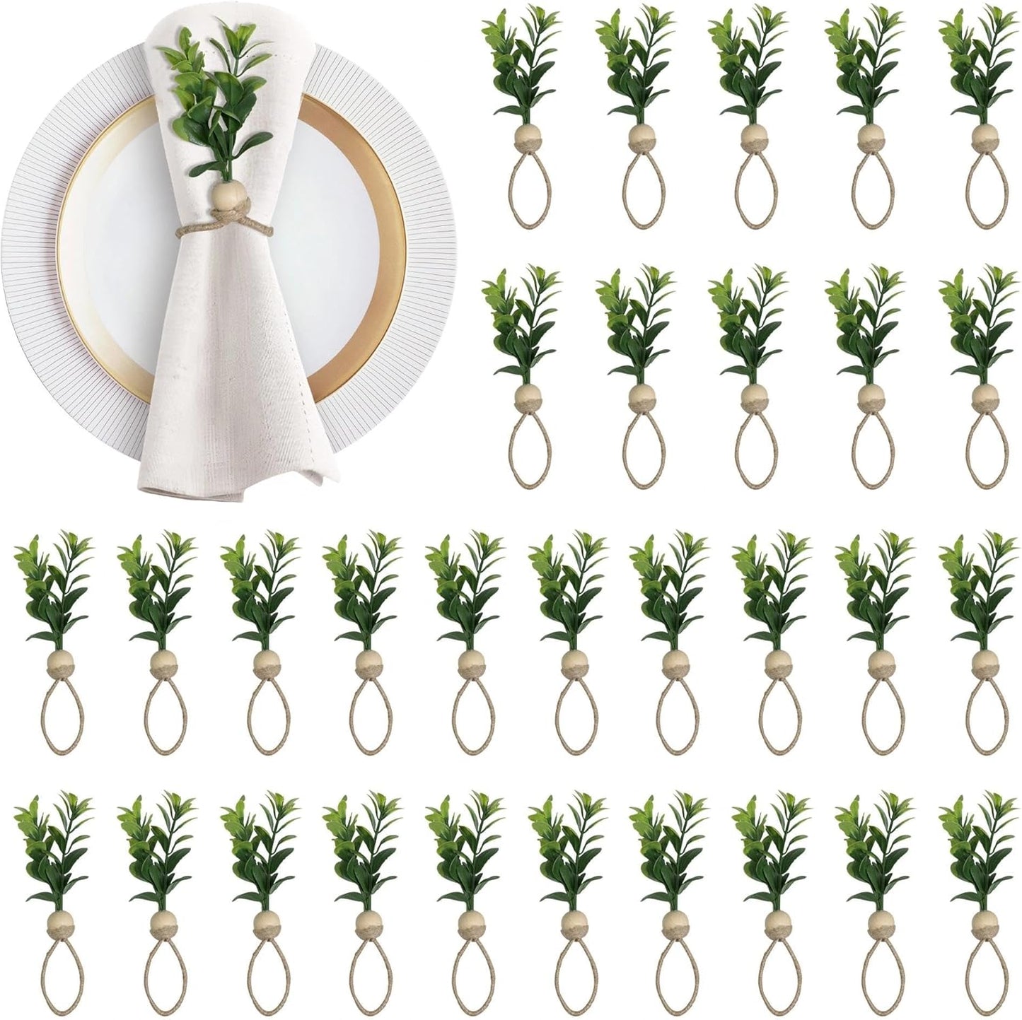 MAOANME Napkin Rings Set of 30, Rustic Eucalyptus Napkin Holder Rings with Wood Bead, Farmhouse Green Leaf Napkin Ring Bulk, Boho Napkin Ring for Wedding, Table Decor