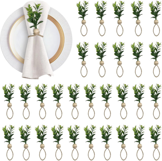 MAOANME Napkin Rings Set of 30, Rustic Eucalyptus Napkin Holder Rings with Wood Bead, Farmhouse Green Leaf Napkin Ring Bulk, Boho Napkin Ring for Wedding, Table Decor