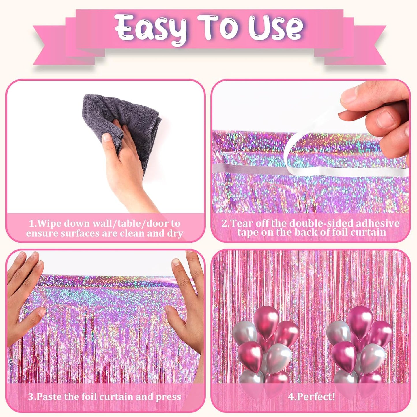 3 Pack 3.3 x 6.6 ft Pink Foil Fringe Backdrop Curtains, Tinsel Streamers Party Decorations, Fringe Backdrop for Birthday, Baby Shower, Gender Reveal, Graduation