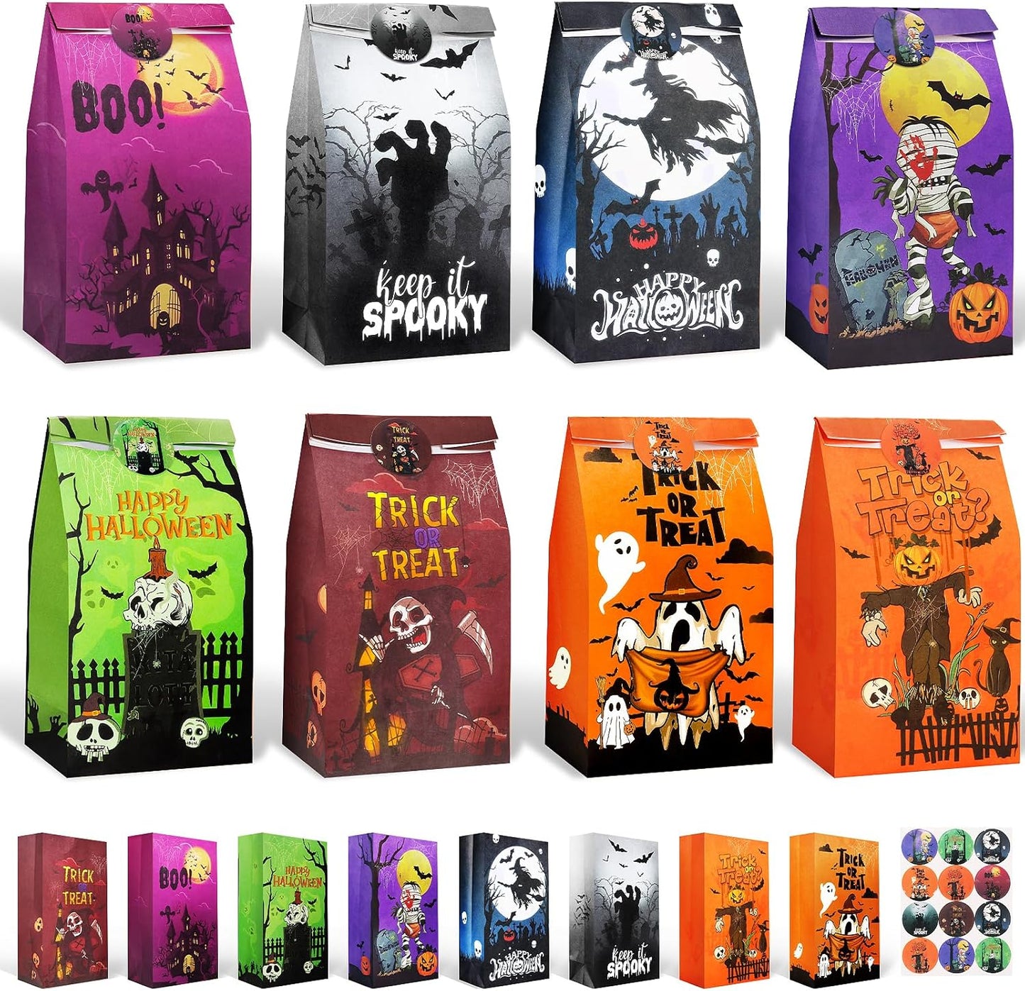 Halloween Treat Bags - 32Pcs Halloweens Trick or Treat Goody & Goodie Bag for Candy with Stickers, Halloween Party Favors Paper Trick or Treating Gifts Bags Halloween Candy Bags Party Supplies