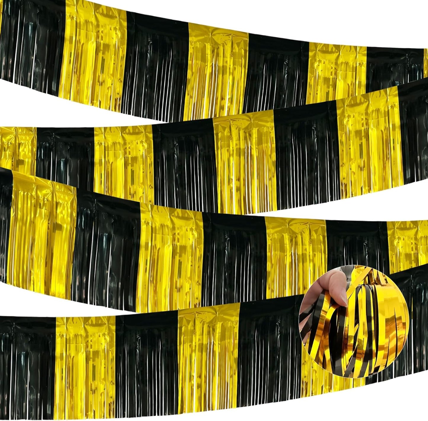 4 Pack 10 Feet Black Gold Foil Fringe Garland Metallic Tinsel Streamers Banner Fringe Curtain Banner for Parade Floats Halloween Graduation Homecoming Birthday Party Decorations (Black, Gold)