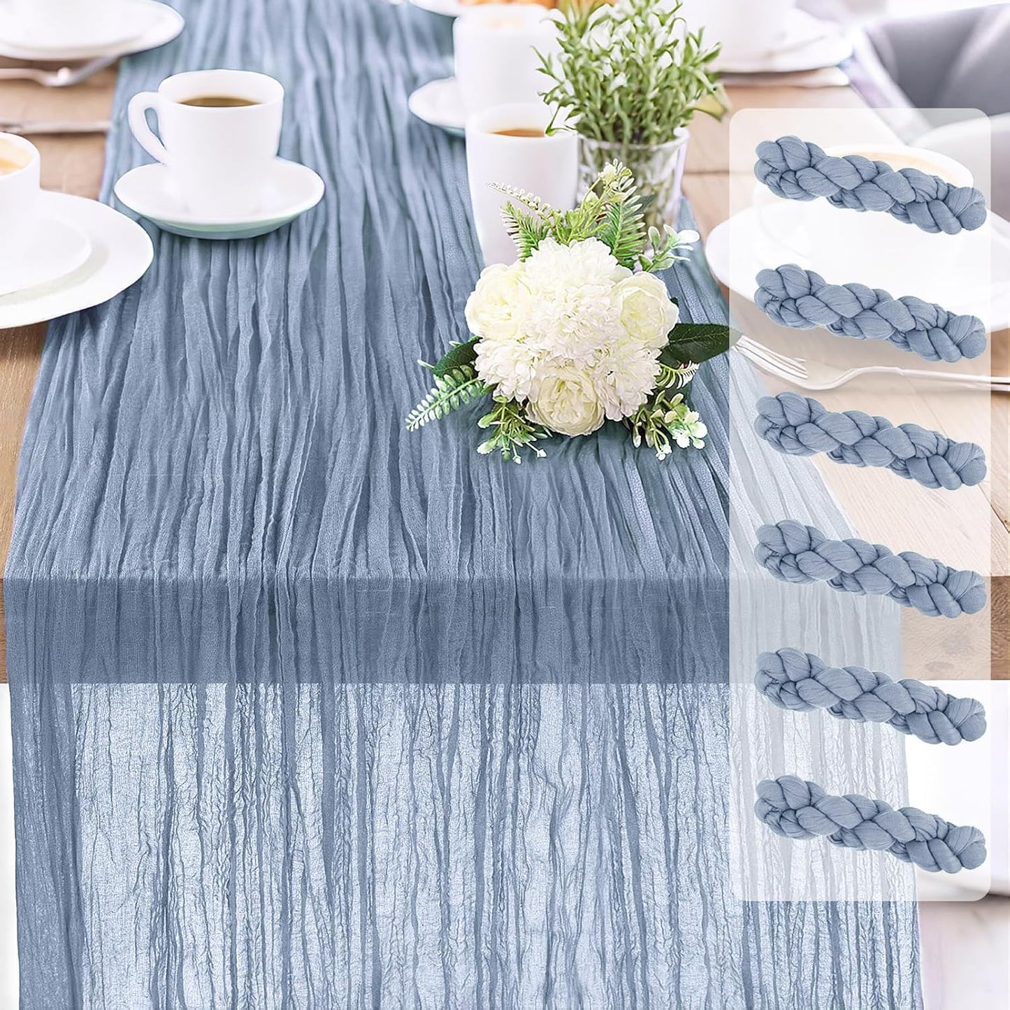 6-Pack Dusty Blue Cheesecloth Table Runners – 10FT (35x120 Inch) Boho Rustic Gauze Fabric Cheese Cloth Table Runner for Weddings, Baby Showers, Bridal Shower, Farmhouse & Birthday Party Decor