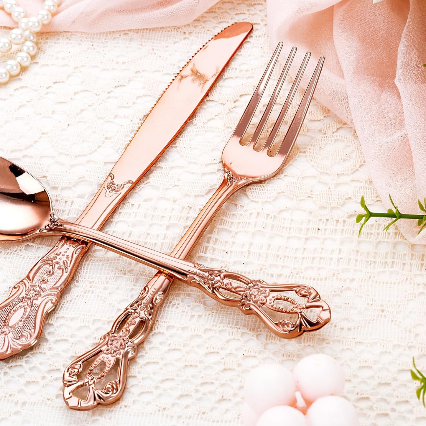 40PCS Rose Gold Plastic Silverware - Heavy Duty Elegant Disposable Utensils - Rose Gold Plastic Cutlery set Includes 20Forks, 10Spoons, 10Knives for Dinner, Parties, Weddings