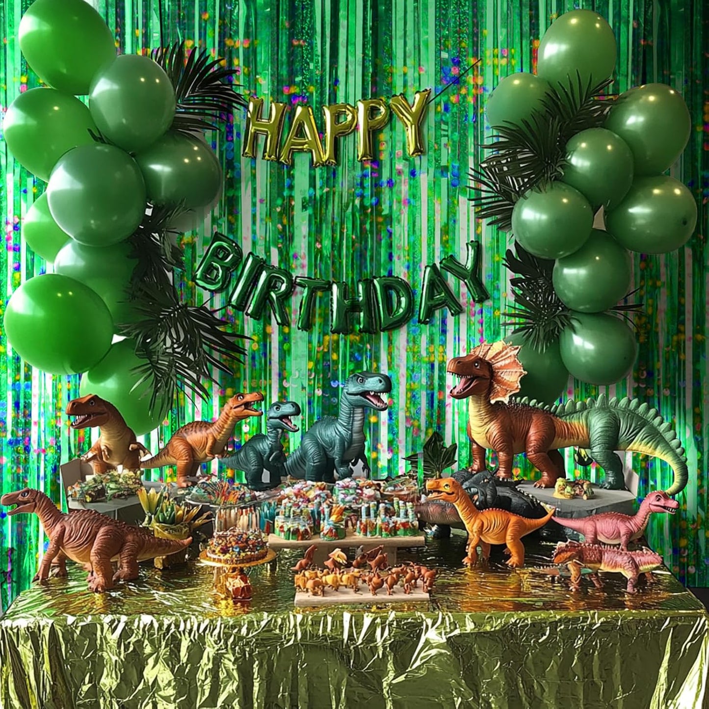 4 Packs Green Foil Fringe Curtain, Green Glitter Metallic Tinsel Backdrop for Birthday, Wedding, Baby Shower, Halloween, Christmas, Hawaiian Luau, Football, Dinosaur Jungle Party Decorations Supplies