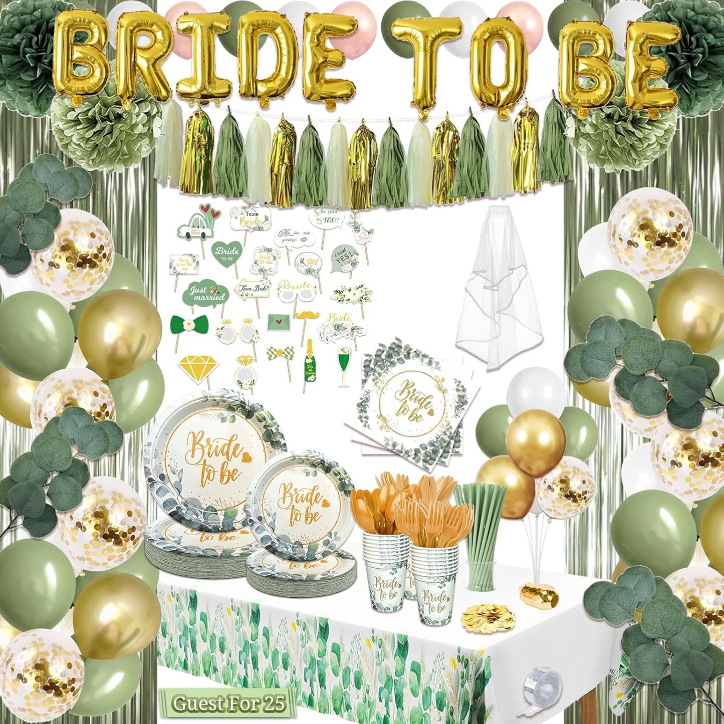 310 Pcs Sage Green Bridal Shower Decorations, Bachelorette Party Decorations Favors - "BRIDE TO BE" Banner, Veil, Balloon, Photo Props, Tableware with Eucalyptus Leaf for 25 Guests