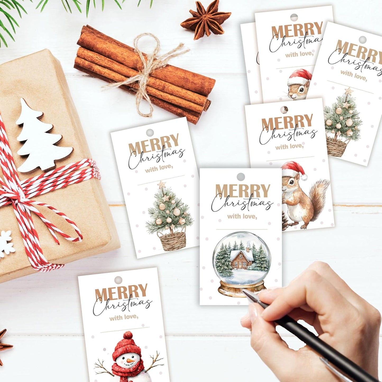 40 Pcs Christmas Gift Tags, 2.1"×3.5" Merry Christmas Tree Paper Tags with String, Hanging Presents Label Wrapping for Party Favor Decorations, 4 Styles - A03