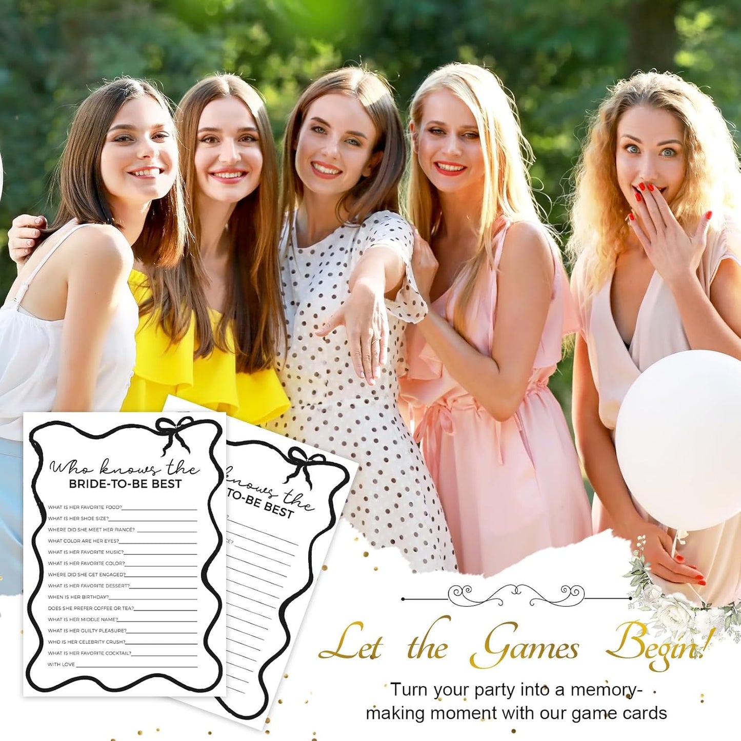 DEEKA 30 PCS Bridal Shower Games Card for 30 Guests Black Wavy Border Ribbon Bow Funny Wedding Bachelorette Party Games for Reception (Who Knows The Bride-to-be Best)