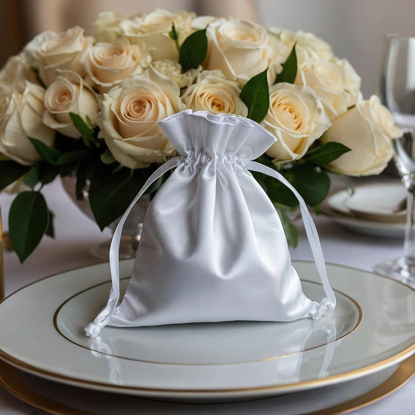 6" x 9" White Satin Gift Bags, Jewelry Bags, Wedding Favor Drawstring Bags Baby Shower Christmas Gift Bags 50 per Pack