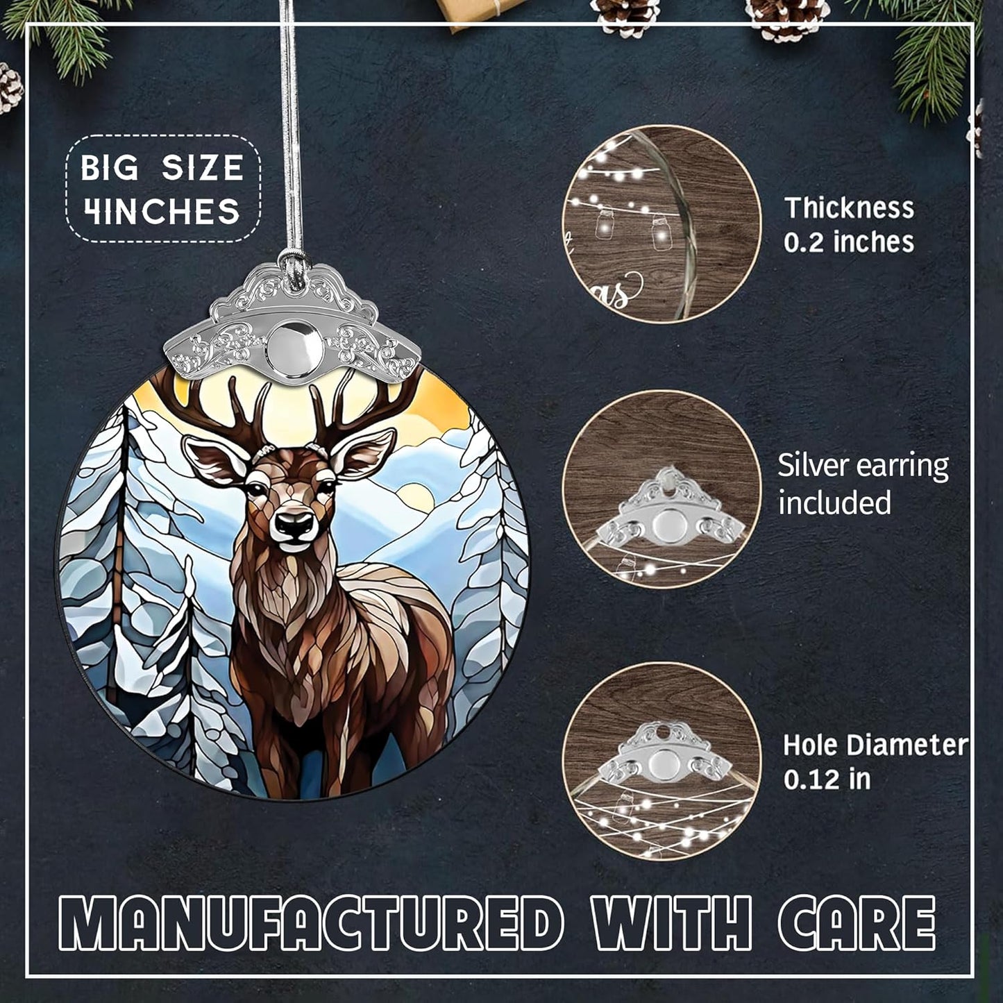 Deer Ornament 2025 – Stained Glass Look Acrylic Hanging Decor, 4 Inch Holiday Keepsake, Nature Scene Car Charm, Rustic Christmas Tree Decoration, Gift for Wildlife Lovers