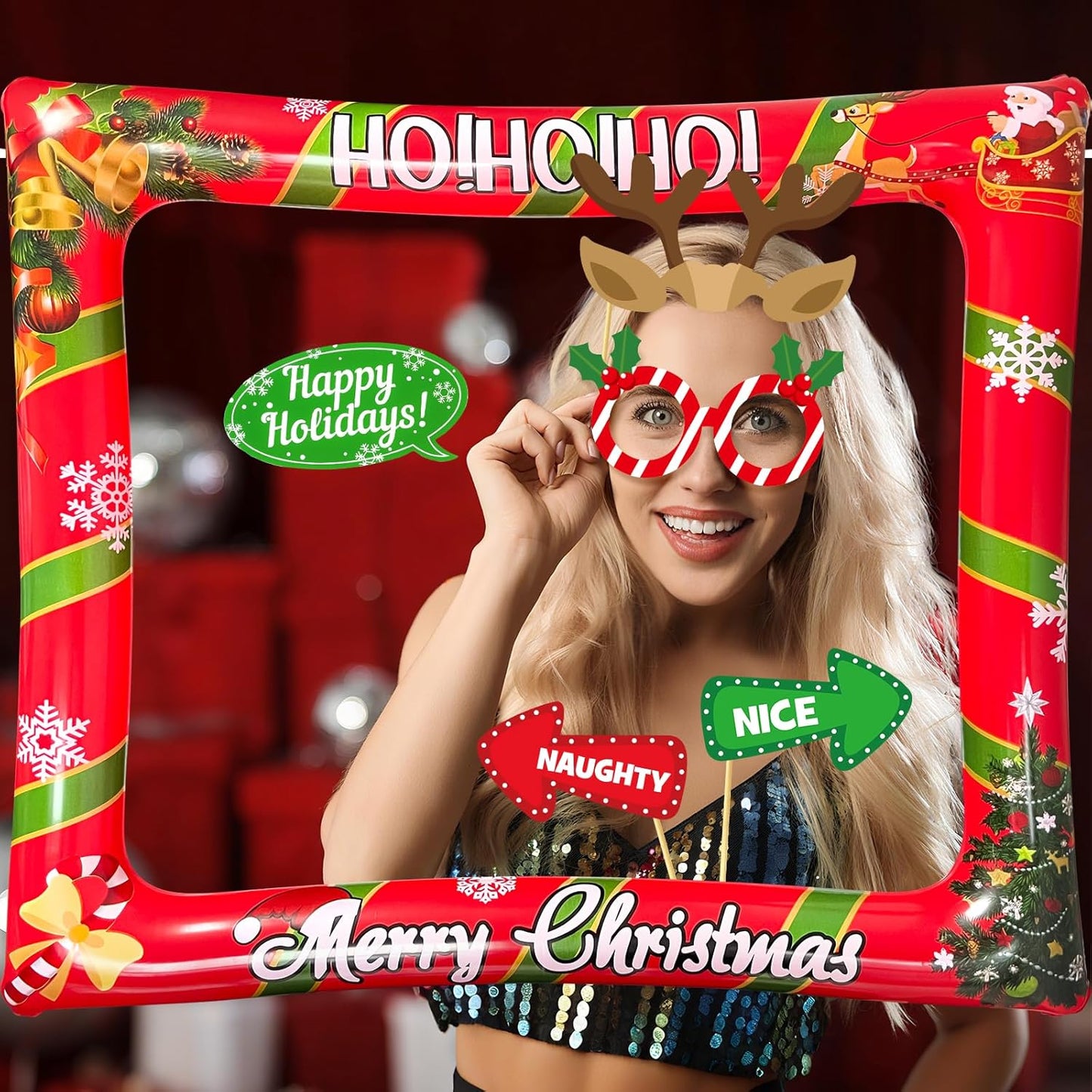 Christmas Photo Booth Props Inflatable Frame, 32Pcs Christmas Party Photo Booth Props with Inflatable Picture Frame Large for Xmas Holiday Party Selfie Supplies