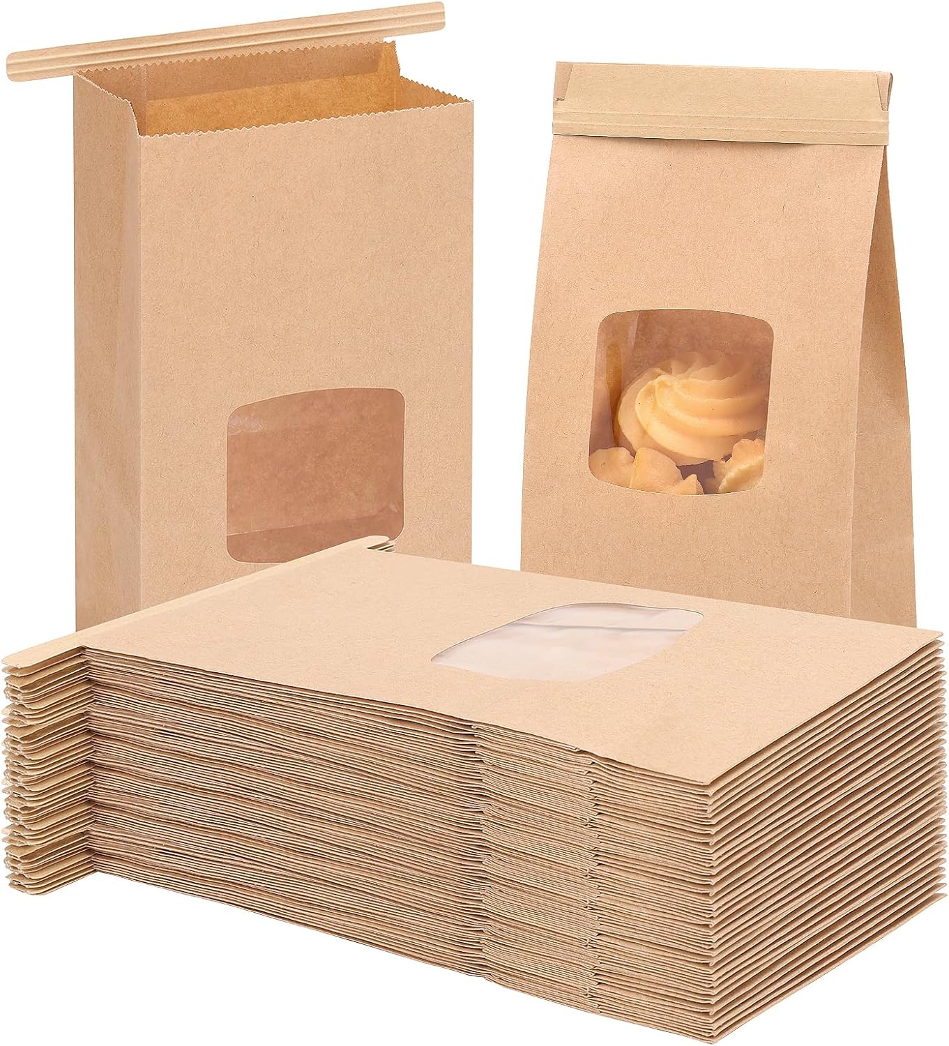 Moretoes 55pcs Small Bakery Bags with Window, 3.54x2.36x6.7in Tin Tie Tab Kraft Paper Bags for Cookie Coffee Bread Bakery Packing