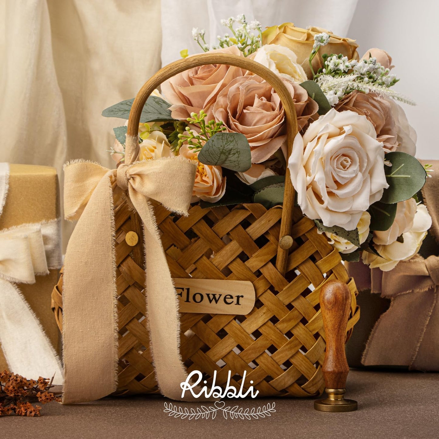 Ribbli 3 Rolls Beige Ribbon 1.5 Inch x 18Yards Ivory Nude Khaki Handmade Cotton Frayed Fringe Ribbons for Gift Wrapping Wedding Invites Bridal Bouquets Baby Shower DIY Crafts Home Decor