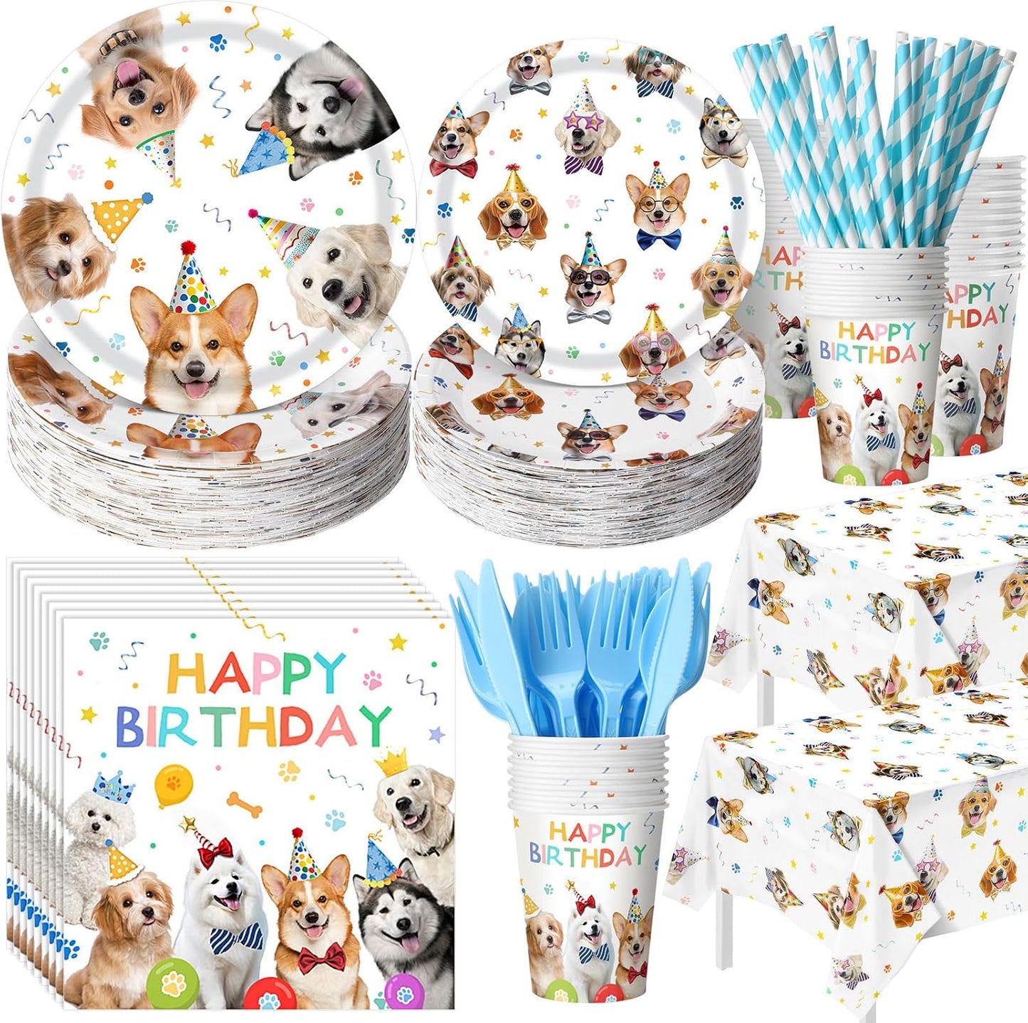 452 Pcs Dog Birthday Party Decorations for 50 Guests Include Dog Paper Plates Napkins Cups Tablecloth Cutlery Straws Puppy Party Tableware for Puppy Theme Birthday Supplies