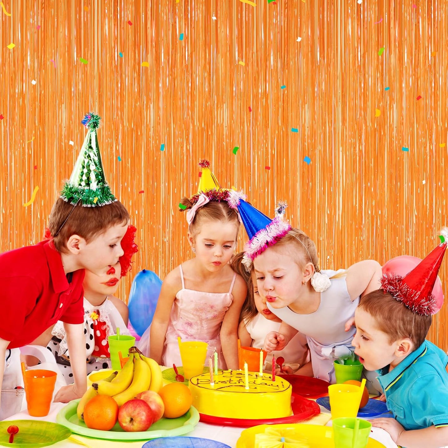 2Pack Orange Backdrop Curtains, Orange Tinsel Backdrop, Metallic Party Streamer Fringe Curtains, Foil Curtains Birthday Party, Curtain Backdrop for Baby Shower Bachelorette Xmas Party Halloween Decors