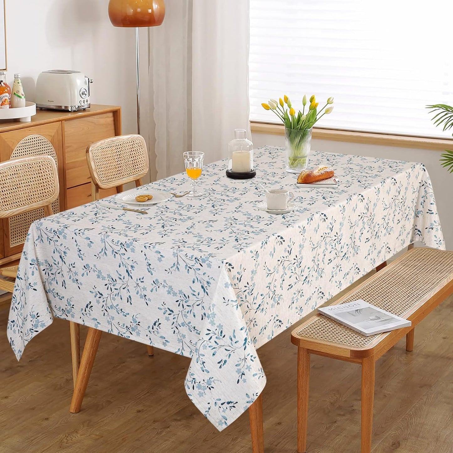 Mysky Home Rectangle Table Cloth 60x120 Inch - Spring Summer Floral Tablecloth, Waterproof Linen Fabric Oblong Table Cloth for Kitchen Dining Tablecloth for 6 Feet Table Blue, Small Blue Flower Design