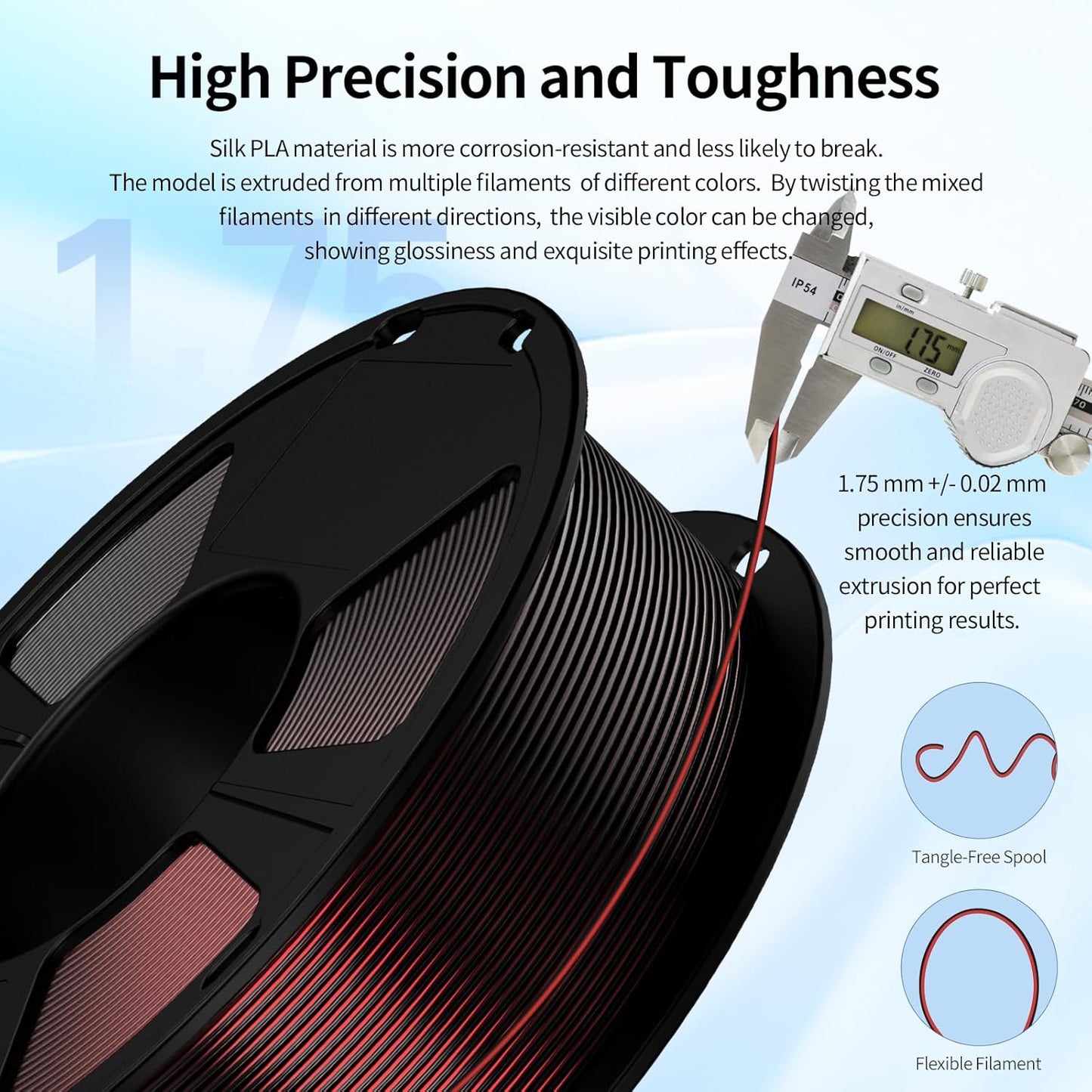 GIANTARM Tri-Colors Silk Pla Filament, 3D Printer Filament 1.75mm +/-0.02mm, 1Kg (2.2lbs) Spool, Vacuum Packaging (Red+Blue+Green)