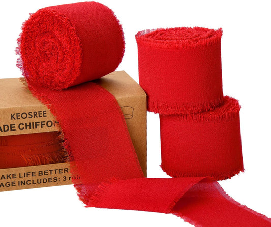 3 Rolls Red Handmade Chiffon Ribbon,1.5" x 21Yd Frayed Fringe Silk Ribbons (3 Rolls *7Yd) for Gifts Wrapping, Wedding Invitations, Bridal Bouquets, Decorations
