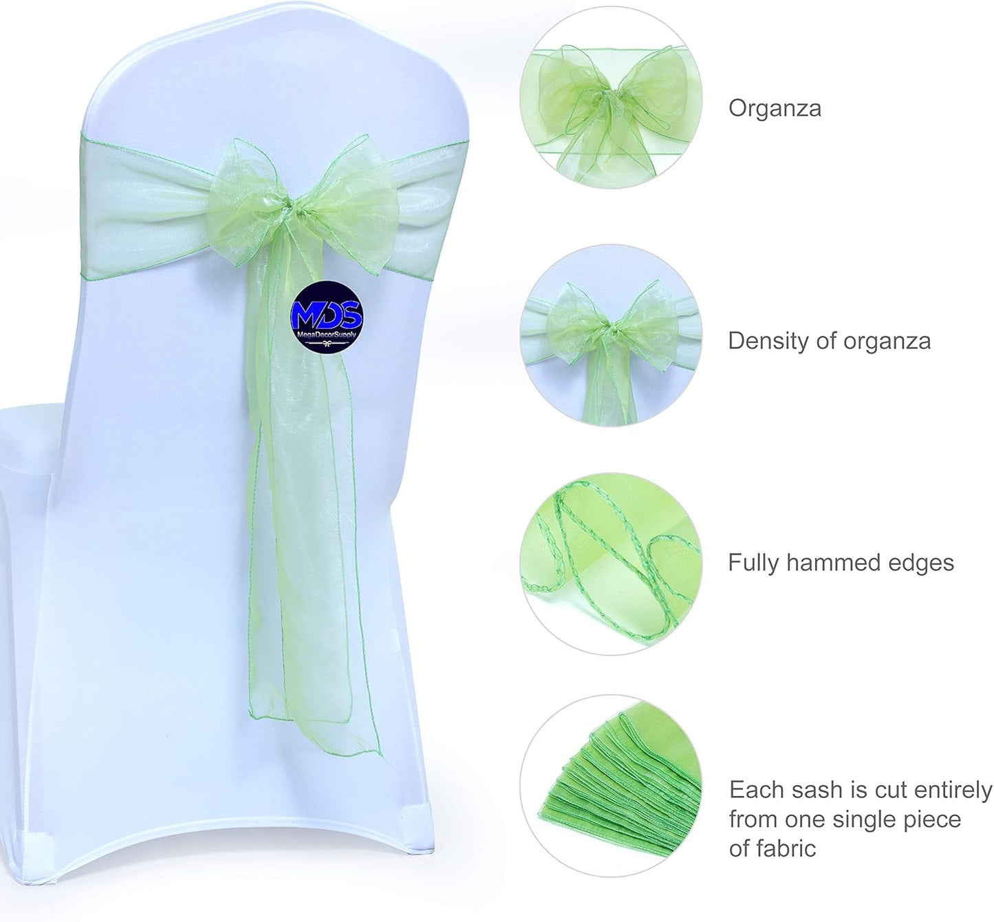 MDS Pack of 200 PCS Organza Chair Sashes Wider Dining Chair Bows Ribbon Tie Back for Wedding Party Birthday Bridal Shower Reception Event Banquet Home Chair Cover Decoration - Apple Green