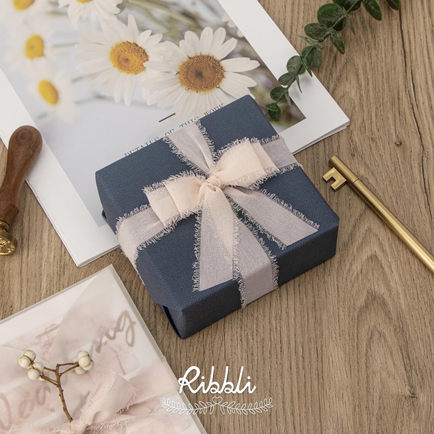 Ribbli Champagne Ribbon 1 Inch x 3 Rolls Total 24 Yards Nude Handmade Fringe Chiffon Silk Ribbon for Wrapping Wedding Invitations Bridal Bouquets DIY Crafts Home Decor