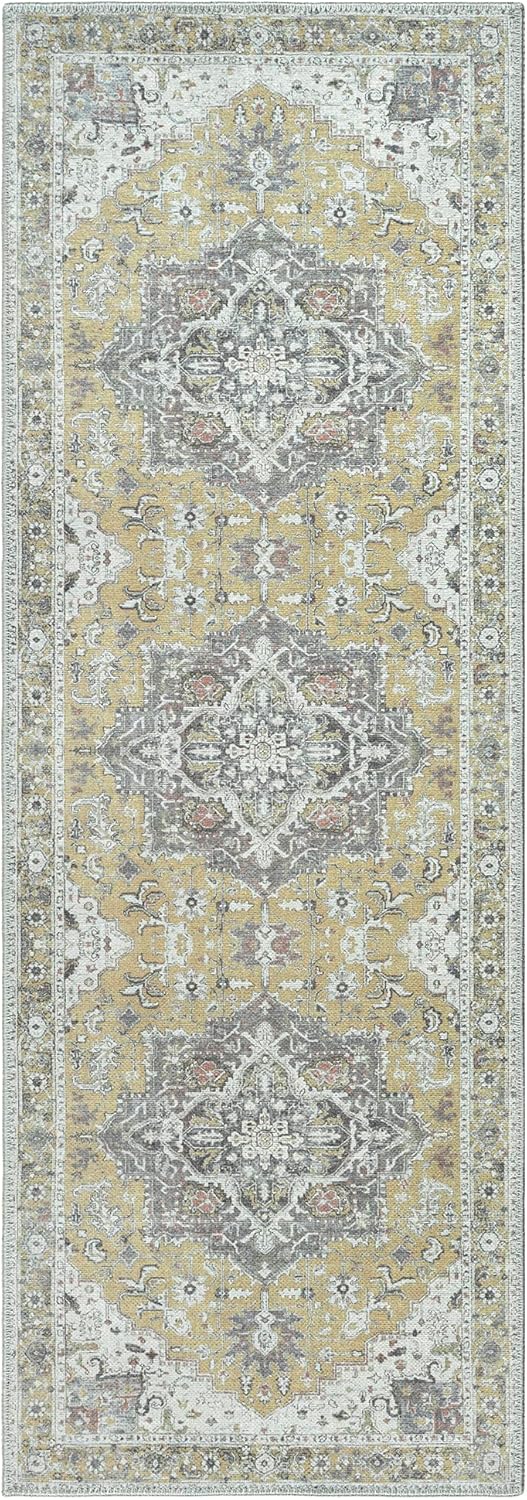 Bloom Rugs Washable Non-Slip 10 ft Runner - Yellow Traditional Medallion Runner for Entryway, Hallway, Bathroom, and Kitchen - Exact Size: 2.5' x 10'