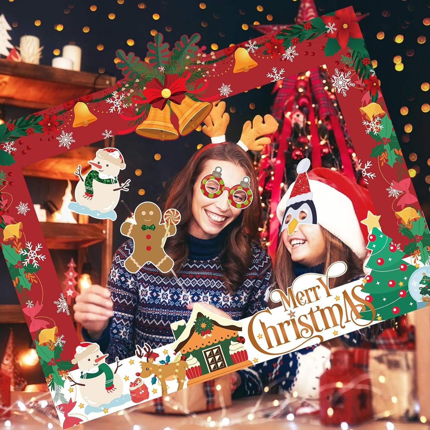 HOWAF 30 Pcs Christmas Photo Booth Props - Merry Christmas Paper Photo Frame, Funny Santa & Gingerbread Photo Props for Xmas Holiday Party Decoration, Selfie Frame Props