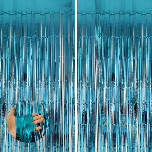 Keyali 2 Pack 3.3 * 8.3 ft Foil Curtain Metallic Tinsel Fringe Curtains Photo Booth Props Backdrop for Birthday Wedding Engagement Baby Shower Christmas Holiday Celebration Partyl,Light Blue