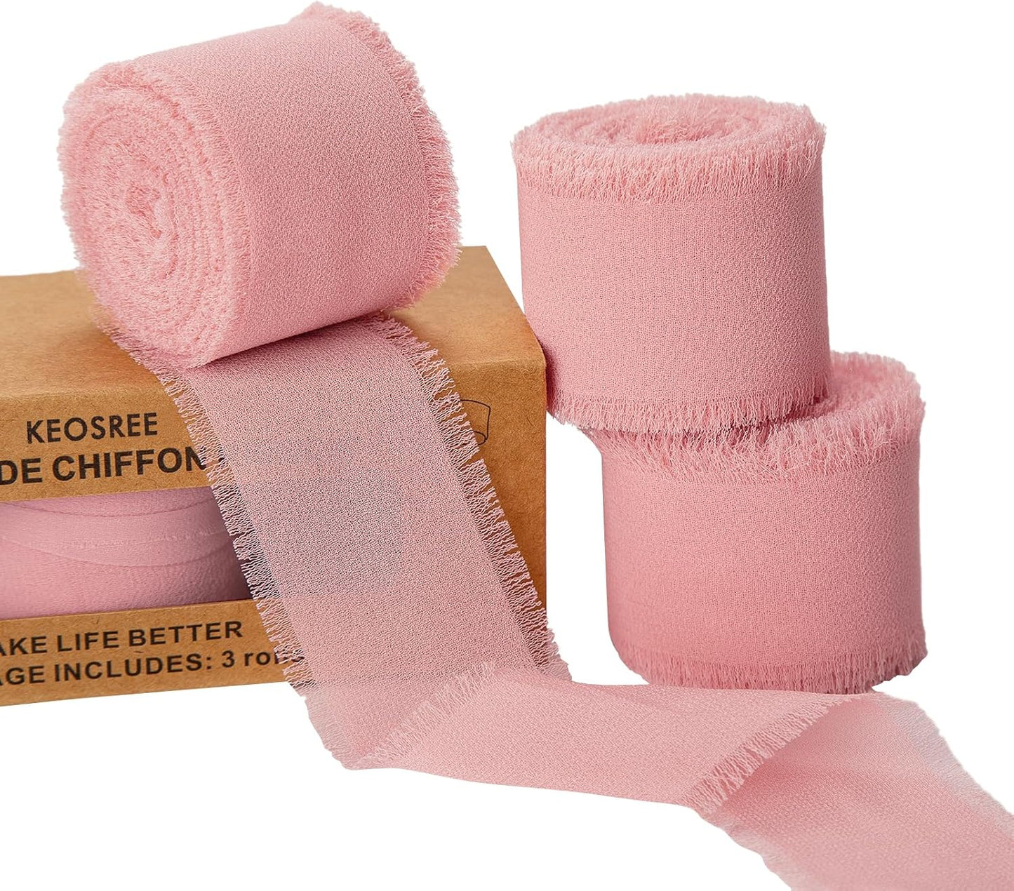 3 Rolls Blush Pink Handmade Chiffon Ribbon,1.5" x 21Yd Frayed Fringe Silk Ribbons (3 Rolls *7Yd) for Gifts Wrapping, Wedding Invitations, Bridal Bouquets, Decorations
