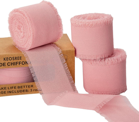3 Rolls Blush Pink Handmade Chiffon Ribbon,1.5" x 21Yd Frayed Fringe Silk Ribbons (3 Rolls *7Yd) for Gifts Wrapping, Wedding Invitations, Bridal Bouquets, Decorations