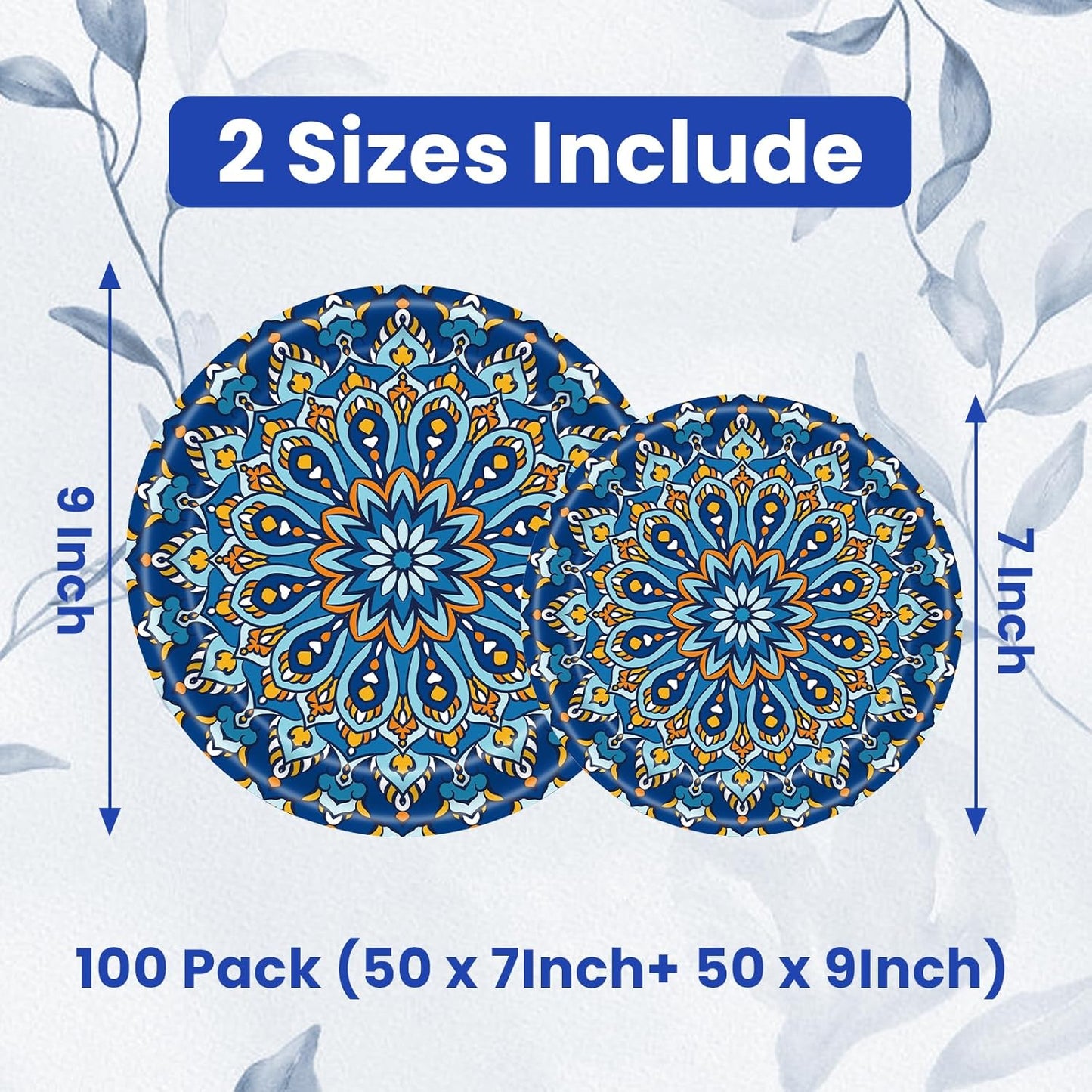 100 Count Boho Paper Plates (50×7"+ 50×9") – Disposable Plates for Party, Retro Bohemian Style Dessert Dinner Plate Set for Daily Use, Holiday, Wedding, Events