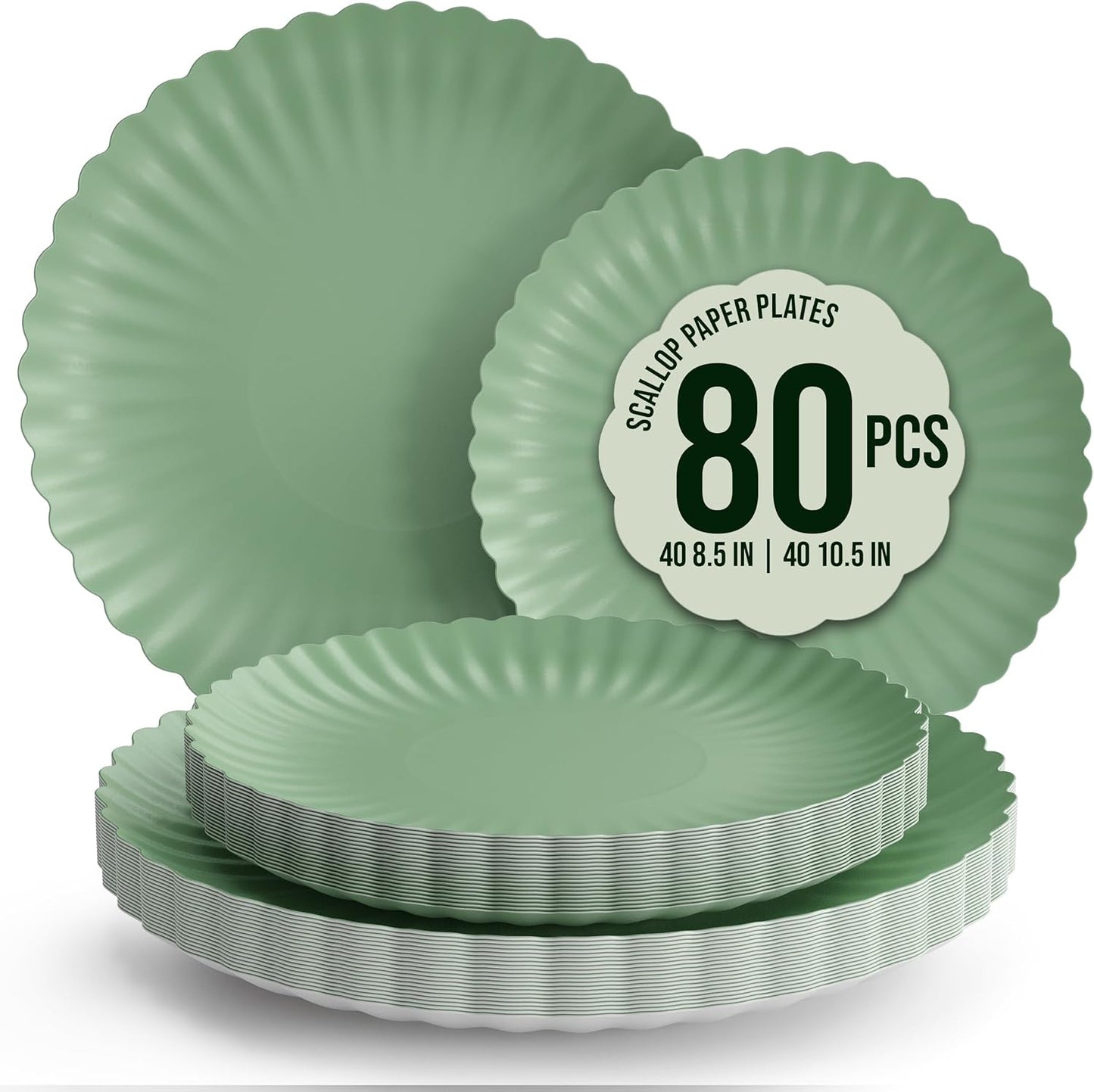 Trendables Scalloped Paper Plates 8.5 Inch & 10.5 Inch 80 Pcs Dinner Plate Set Fancy Disposable Plates for Party for 40 Guests 40 X 8 & 40 X 10 Large & Small Paper Plate Set for Parties Matcha