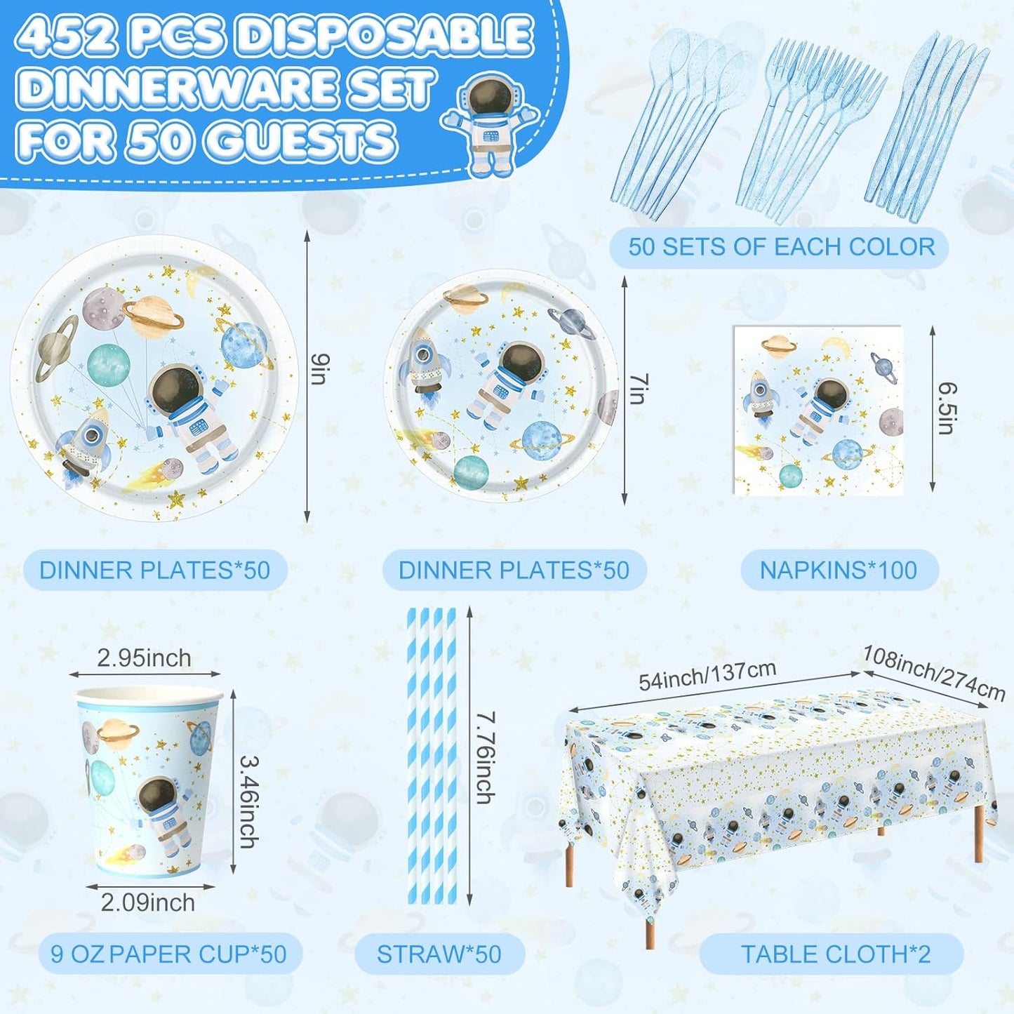 452 Pcs Space Themed Party Decorations for 50, Blue Space Astronaut Paper Plates Napkins Cups Tablecloth Cutlery Straws for First Trip Around The Sun Planet Birthday Baby Shower Party Supply