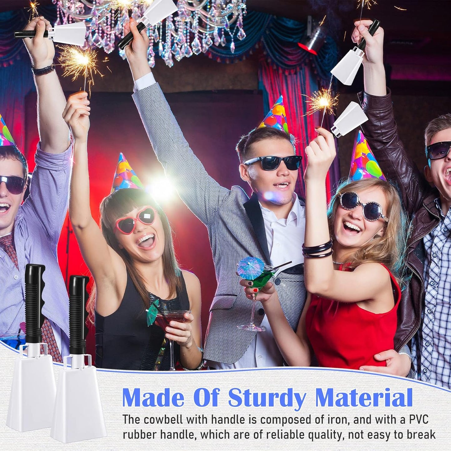 Pelopy 12 Pcs Large Cow Bell 9 '' Cowbell with Handle Cowbells for Sporting Events Hand Percussion Cheering Bell Chimes for Football Game, Alarm Loud Noise Makers, Musical Instrument(White)