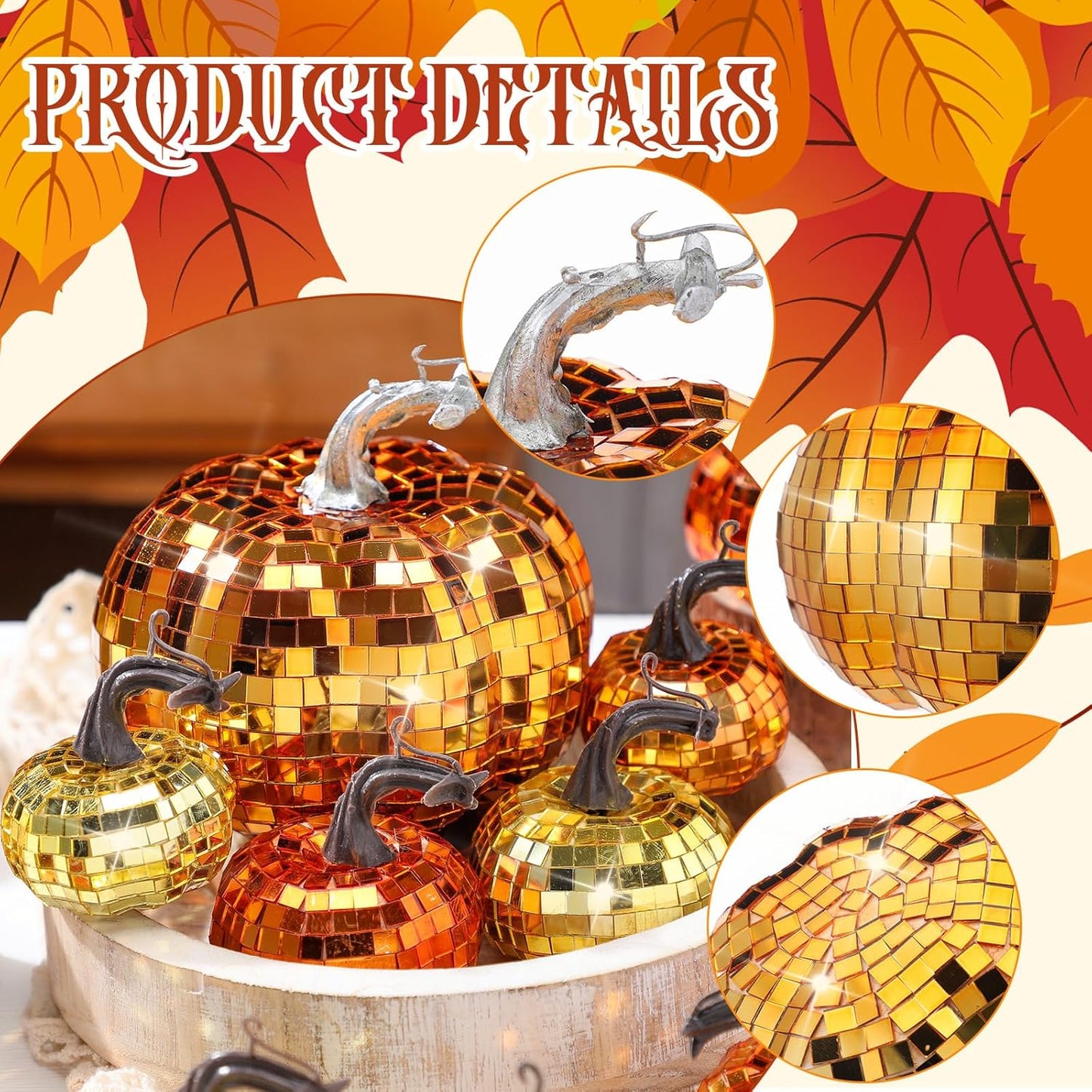 Lenwen 12 Pcs Artificial Disco Pumpkin Glitter Mirror Pumpkin for Decorating Fall Farmhouse Hanging Ornament Harvest Decor for Halloween Thanksgiving Table Centerpiece(Orange, Gold, Dark Gold)