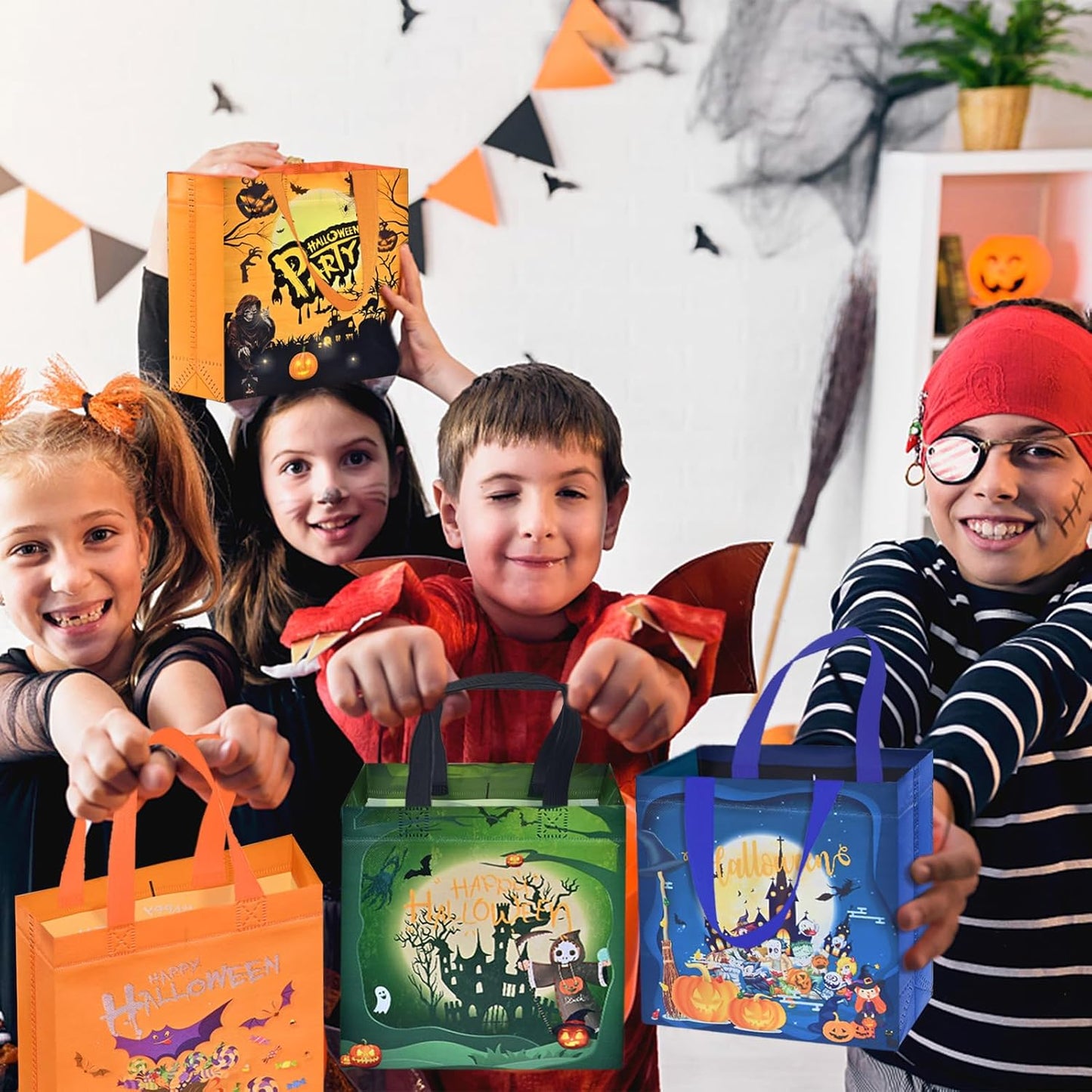 AhfuLife 8 Pcs Halloween Trick or Treat Bags, Candy Tote Bags with Handles, Reusable Non-Woven Gift Bag for Halloween Party Supplies Favors (7.8×7.8×3.1’’)