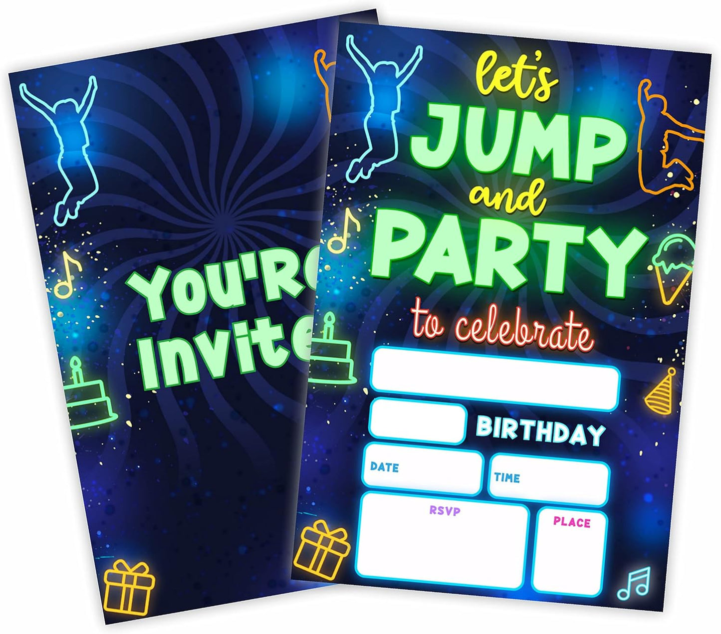Glow Trampoline Birthday Invitations, Let's Jump & Party Birthday Invite Cards（20 Count) With Envelopes, Neon Double-Sided Fill In Style Invite Cards For Boys & Girls, Birthday Party Supplies-B07