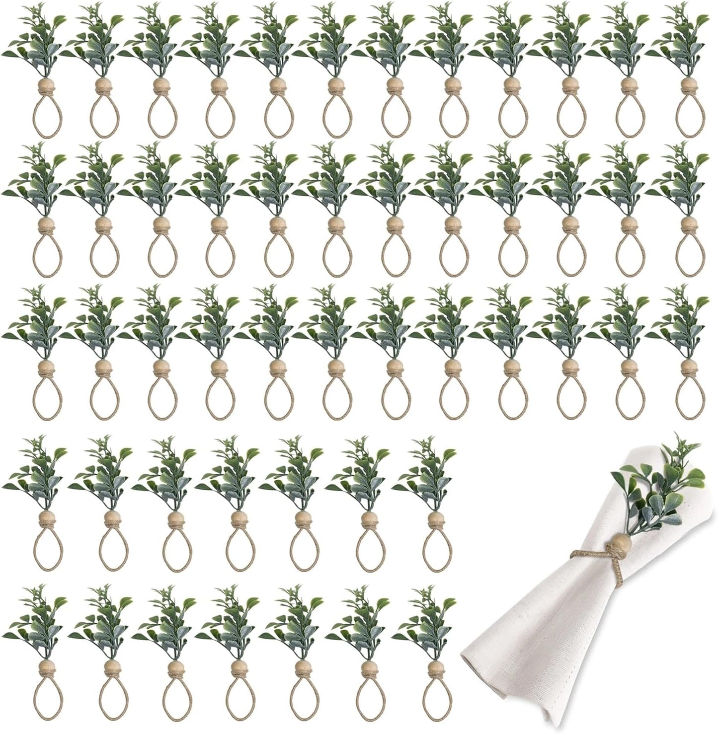 MAOANME Napkin Rings Set of 50, Rustic Eucalyptus Napkin Holder Rings with Wood Bead, Farmhouse Green Leaf Napkin Ring Bulk, Boho Napkin Ring for Wedding, Table Decor