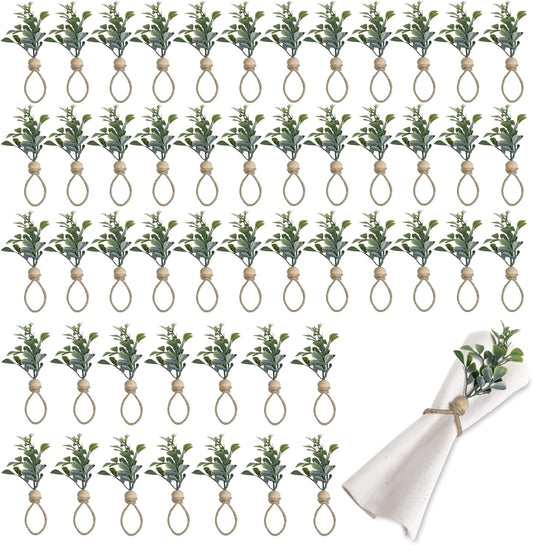 MAOANME Napkin Rings Set of 50, Rustic Eucalyptus Napkin Holder Rings with Wood Bead, Farmhouse Green Leaf Napkin Ring Bulk, Boho Napkin Ring for Wedding, Table Decor