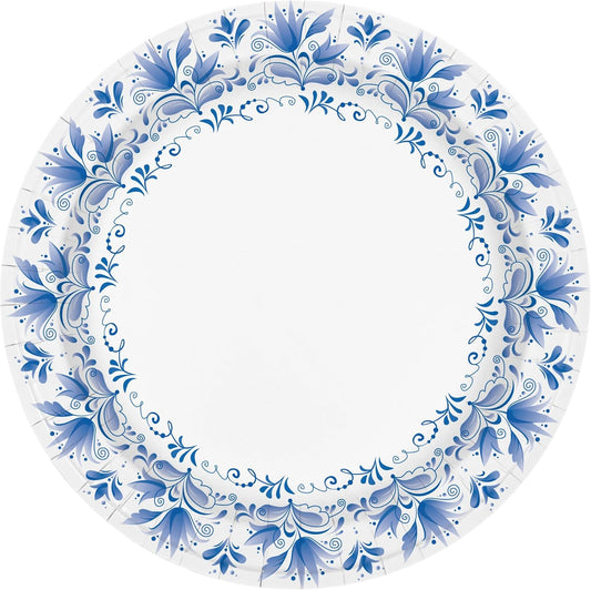 Charmount Large Paper Plates, 100pcs Disposable, Blue Flower Printed, Soak & Cut Proof for Parties & Daily Use