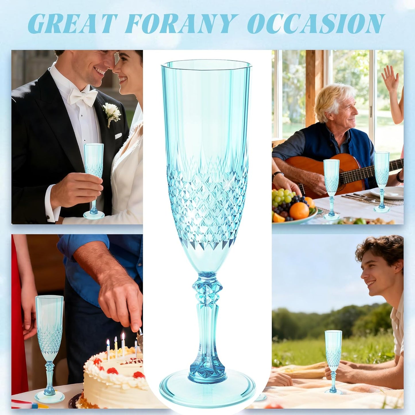 Plastic Champagne Flutes, 48PCS Light Cyan Wine Glasses Goblets Cups Reusable Flute, for Weddings Bachelor Parties Toasting and Events(48, Light Cyan)