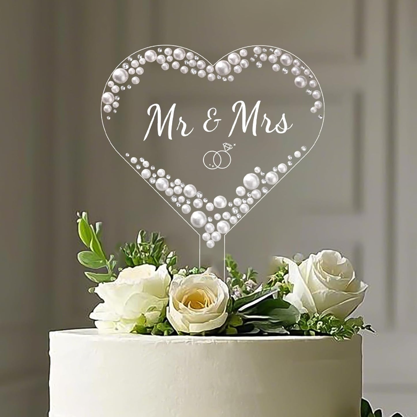 Coucoland Mr and Mrs Cake Topper - Heart Wedding Cake Decor with Rhinestones and Pearls for Engagement Bridal Anniversary