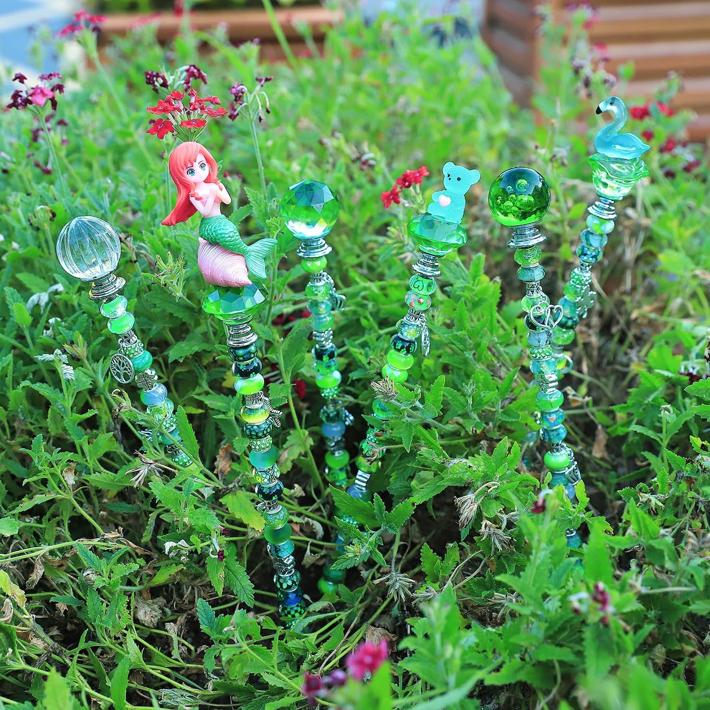 158 Pcs DIY Fairy Wand Garden Stakes Kit,Multiple Color Scheme European Beads Crystal Diamond Tops and 12 or 10 Inch Threaded Rods,Stainless Steel Stakes with Diamond Toppe (Peridot)