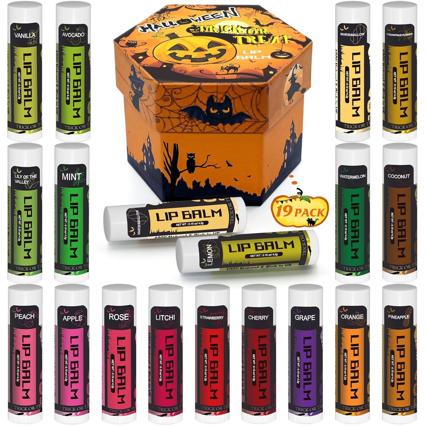 Yopela 19 Pack Halloween Natural Lip Balm Bulk with Vitamin E and Coconut Oil Lip Care Set - Moisturizing, Soothing, and Repairing Dry and Chapped Lips - 18 Flavors - Non-GMO