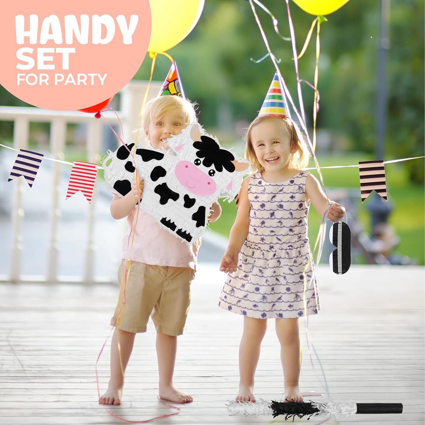 Milk Cow Pinatas Bundle with a Blindfold and a Bat (16 x 13 x 4 Inches), Perfect for kid's Birthday Parties, Mexican Theme Parties, Decorations