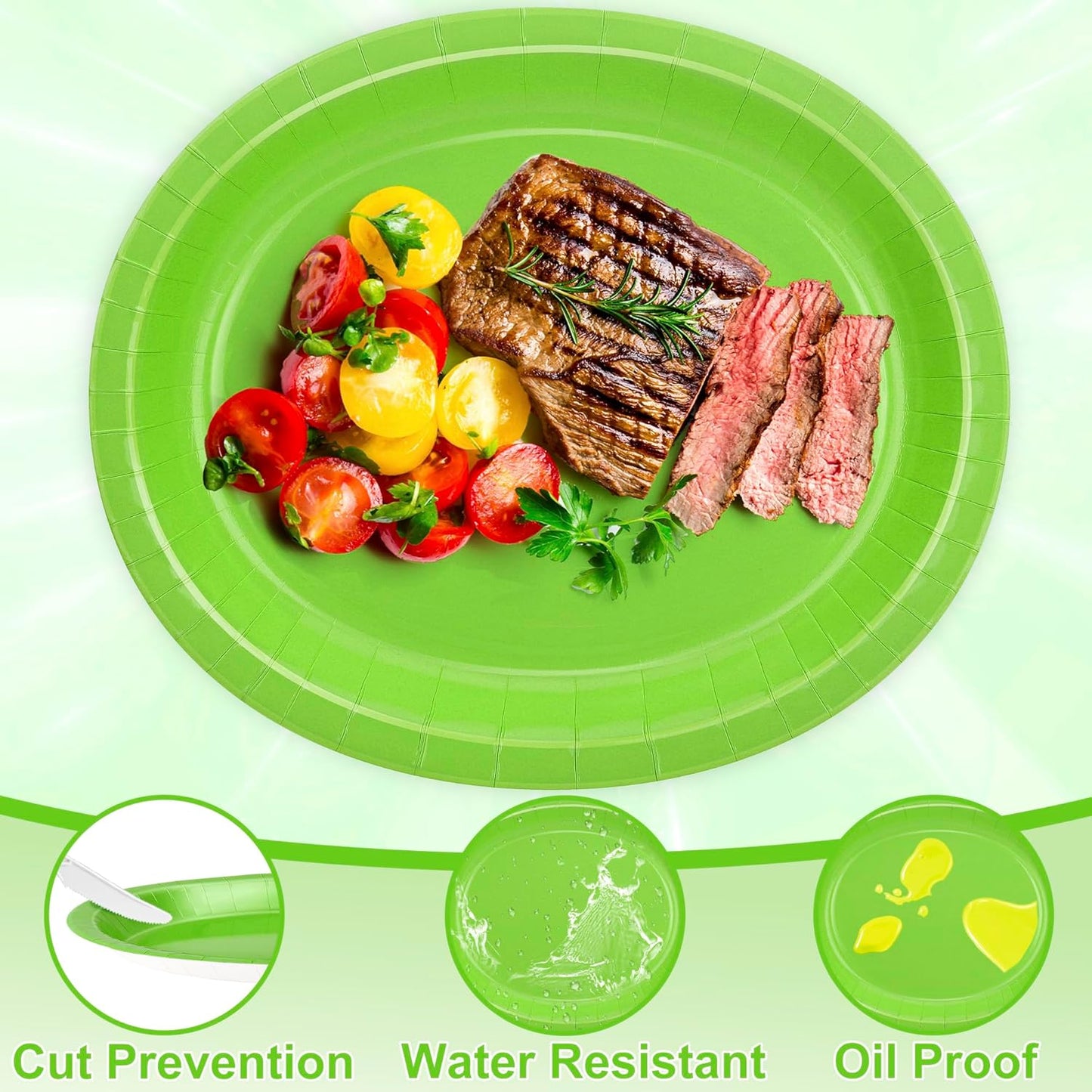 QZYL 50 Pcs Party Decorations, 12.2'' X 10.2'' Oval Large Paper Plates, Lime Green Disposable Paper Plate Heavy Duty Daily Dinner Plates for Birthday Party Wedding Picnic Holiday